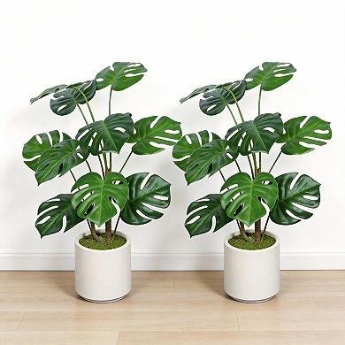 KWPZQEB Artificial Monstera Deliciosa Plant Set of 2, White Pot