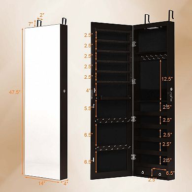 Wall and Door Mounted Mirrored Jewelry Cabinet with Lights in Black