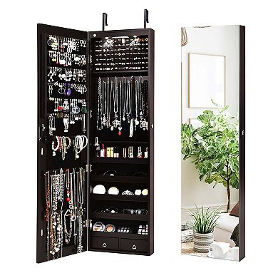 Wall and Door Mounted Mirrored Jewelry Cabinet with Lights in Black