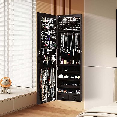 Wall and Door Mounted Mirrored Jewelry Cabinet with Lights in Black
