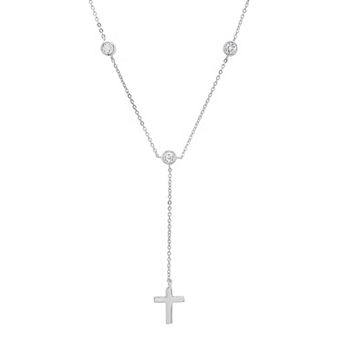 Queen Jewels Sterling Silver Cubic Zirconia Bezel-Set Cross Y-Necklace