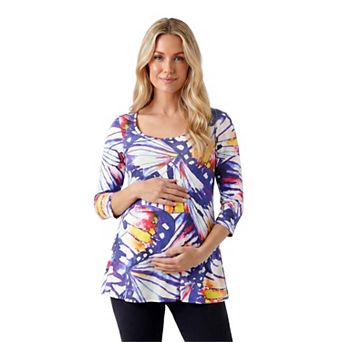 Maternity 24Seven Comfort Apparel Butterfly Scoop Neck Elbow Sleeve Tunic Top