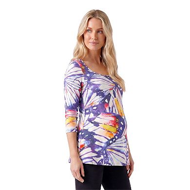 Maternity 24Seven Comfort Apparel Butterfly Scoop Neck Elbow Sleeve Tunic Top