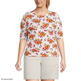 Plus Lands' End Elbow Sleeve Crewneck Garden Tee in Plus Size