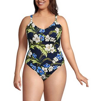 Plus Size Lands' End V-Neck High Leg Strappy Back One Piece Swimsuit