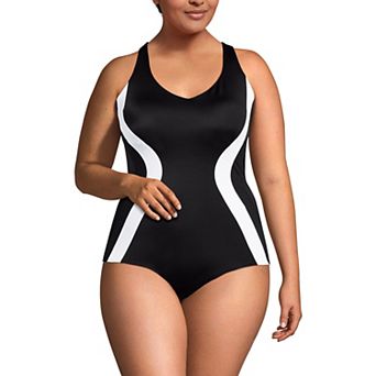 Plus Size Lands' End Tugless Scoop Neck Colorblock Low Leg One-Piece Swimsuit