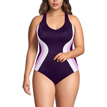 Plus Size Lands' End Tugless Scoop Neck Colorblock Low Leg One-Piece Swimsuit