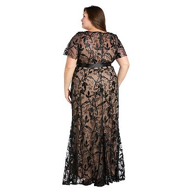 Plus Size R&M Richards Embellished Sequin Soutache Gown with Ribbon Sash