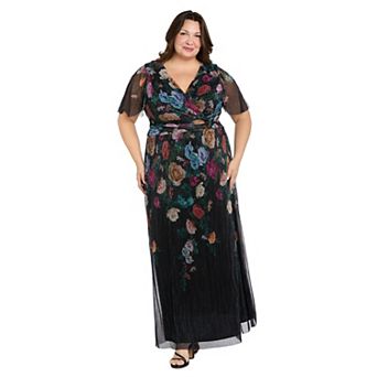 Plus Size R&M Richards Floral Foil Pleated V-Neck Maxi Dress