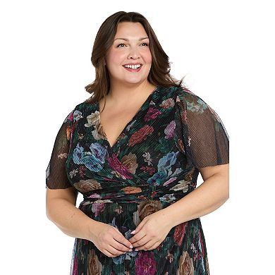 Plus Size R&M Richards Floral Foil Pleated V-Neck Maxi Dress