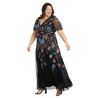 Plus Size R&M Richards Floral Foil Pleated V-Neck Maxi Dress