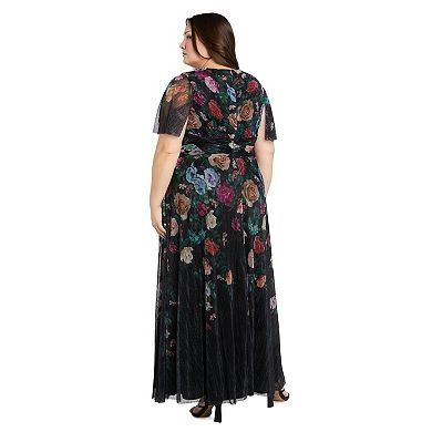 Plus Size R&M Richards Floral Foil Pleated V-Neck Maxi Dress