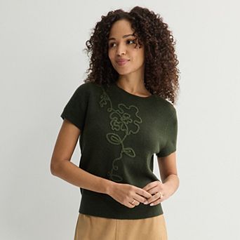 Women's Chelsea & Theodore Short Sleeve Embroidered Floral Sweater Top