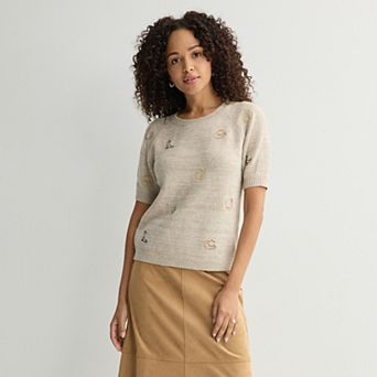 Women's Chelsea & Theodore Short Raglan Sleeve Western Motif Embroidered Sweater