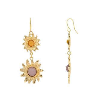 Emberly Gold Tone Textured Double Flower Drop Earrings
