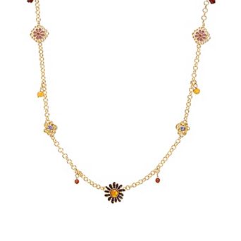 Emberly Gold Tone Multi Beads Flower Station Rolo Chain Necklace