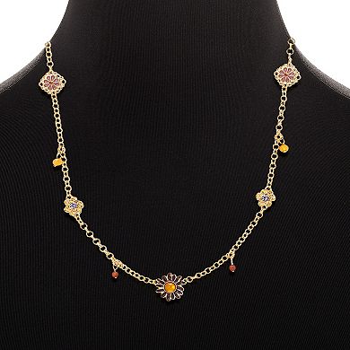 Emberly Gold Tone Multi Beads Flower Station Rolo Chain Necklace