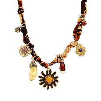 Emberly Gold Tone Beads Flower Charm Knotted Silk Necklace