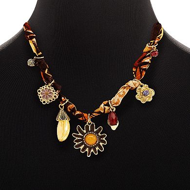 Emberly Gold Tone Beads Flower Charm Knotted Silk Necklace