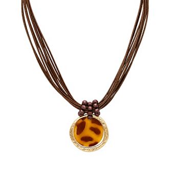 Emberly Gold Tone Circular Pendant & Brown Leather Layered Necklace