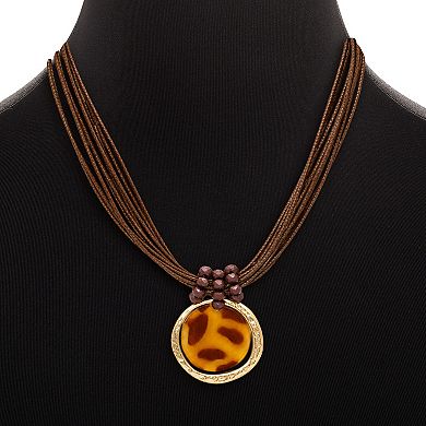 Emberly Gold Tone Circular Pendant & Brown Leather Layered Necklace