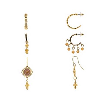 Emberly 3-Pair Gold Tone Beaded Filigree Flower Earrings Set