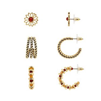 Emberly 3-Pair Gold Tone Flower Stud & C Hoop Earrings Set