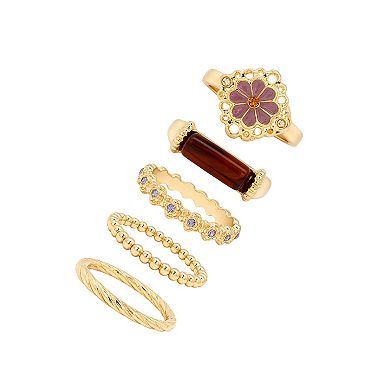 Emberly Gold Tone 5-Piece Beaded Flower Ring Set