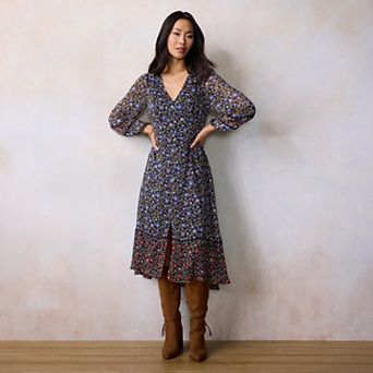 Petite LC Lauren Conrad Lace Trim Button Front Midi Dress