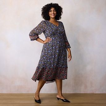 Plus Size LC Lauren Conrad Lace Trim Button Front Midi Dress