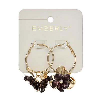 Emberly Gold-Tone Dangle Flower Hoop Earrings