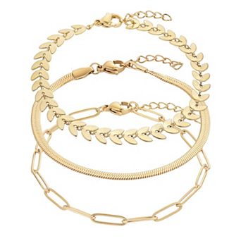 Adornia Tarnish Resistant 18k Gold Flash Plated 3 pc Adjustable Chain Bracelet Set