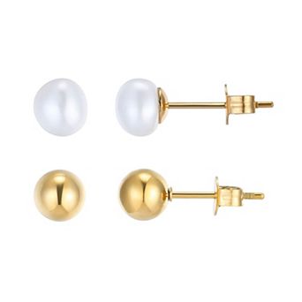 Adornia 18k Gold Flash Plated 2-Pair Freshwater Cultured Pearl Ball Stud Earring Set