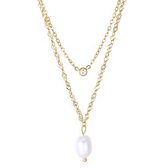 Adornia Tarnish Resistant 18k Gold Flash Plated Layered Freshwater Cultured Pearl & Cubic Zirconia Necklace