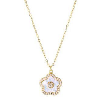 Adornia 14k Gold Flash Plated Mother-of-Pearl Flower & Cubic Zirconia Pendant Necklace