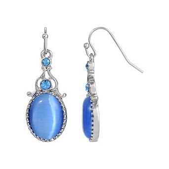 1928 Silver Tone Crystal Cat Eye Oval Drop Earrings