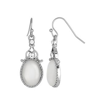 1928 Silver Tone Crystal Cat Eye Oval Drop Earrings