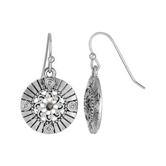 1928 Silver Tone Crystal Round Drop Earrings