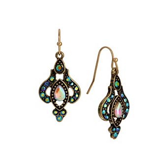 1928 Gold Tone Aurora Borealis Crystal Gemstone Teardrop Earrings