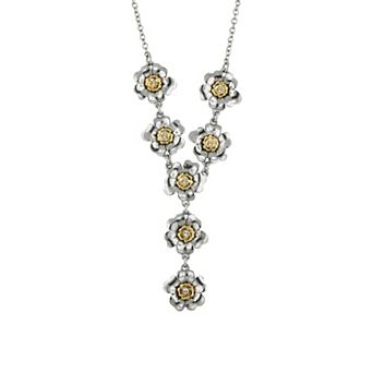 1928 Two-Tone & Crystal Flower Y-Necklace 18" Adjustable