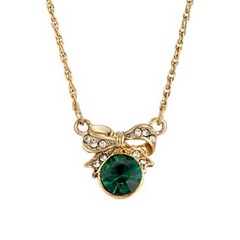 1928 Gold Tone Green Gemstone Bow Pendant Necklace