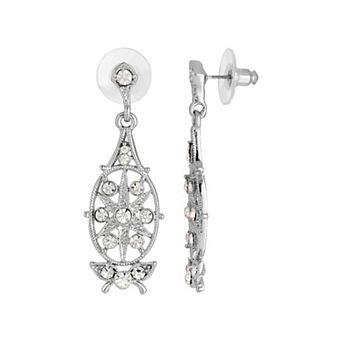 1928 Silver Tone Crystal Filigree Drop Earrings