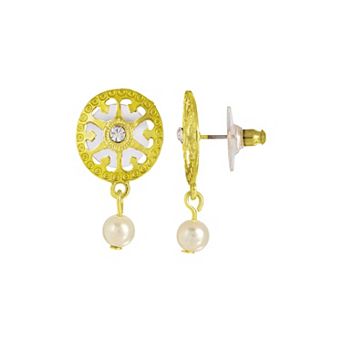 1928 Gold Tone Crystal & Faux Pearl Filigree Earrings