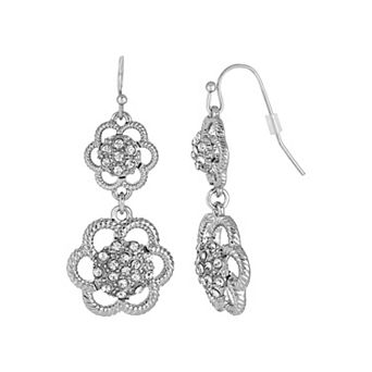 1928 Silver Tone Crystal Flower Drop Earrings