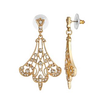 1928 Gold Tone Crystal Filigree Drop Earrings