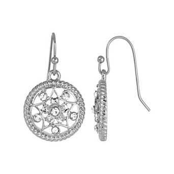 1928 Silver Tone Crystal Round Drop Earrings