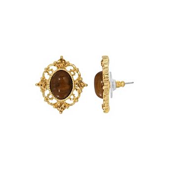 1928 Gold-Tone Topaz Crystal & Cat Eye Button Earrings