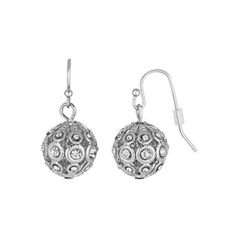 1928 Silver Tone Crystal Ball Drop Earrings