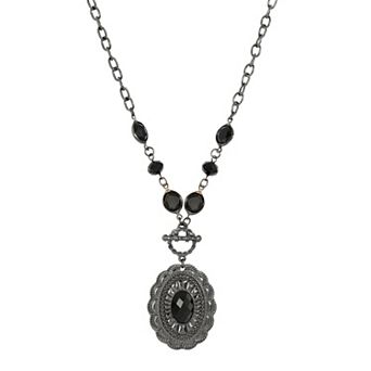1928 Black Tone Jet Pendant Necklace 18" Adjustable