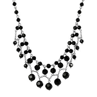 1928 Silver Tone Adjustable Black Beaded Draped Necklace